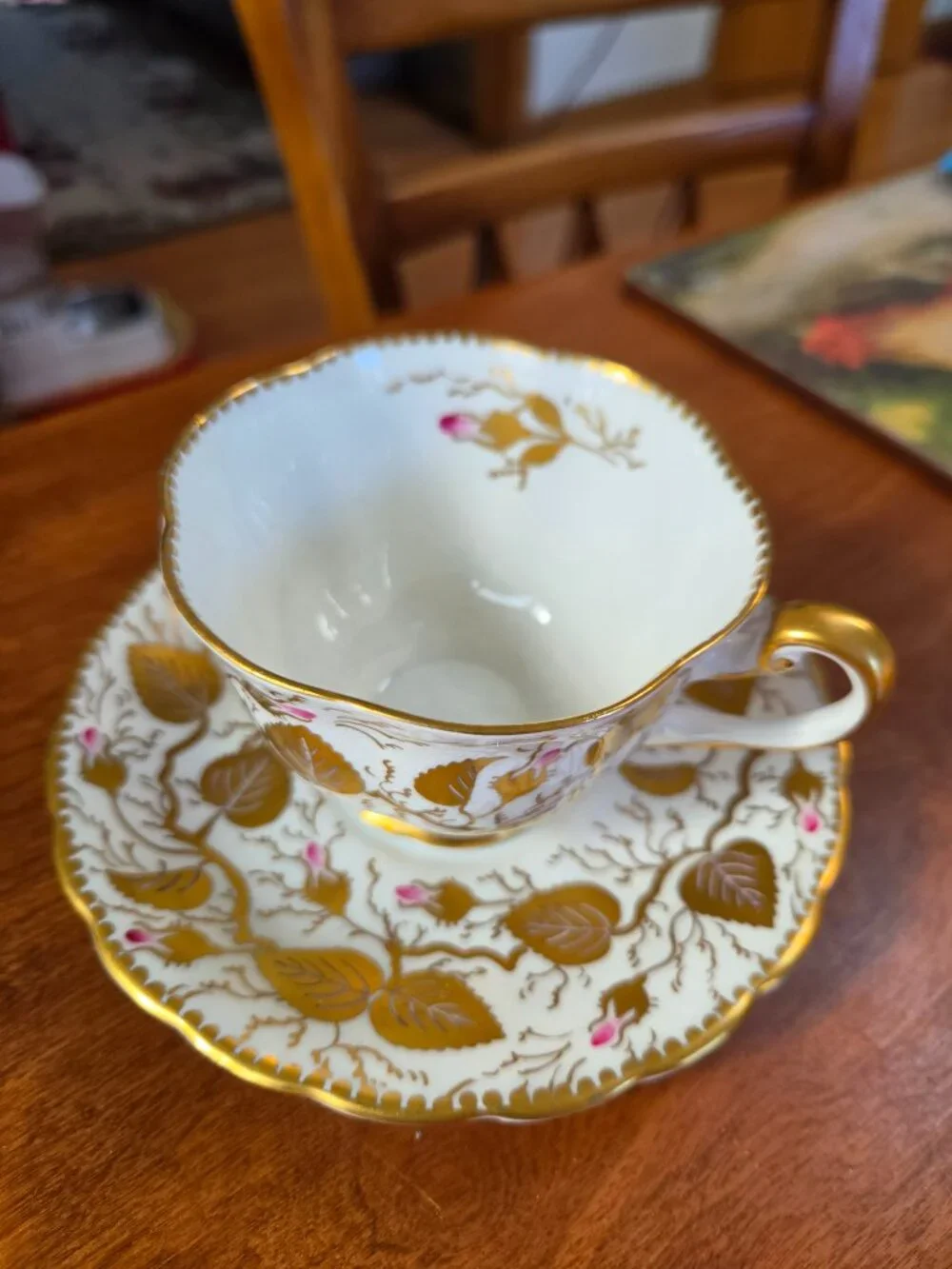 royal chelsea bone china teacup and saucer  gold leaf and pink flower